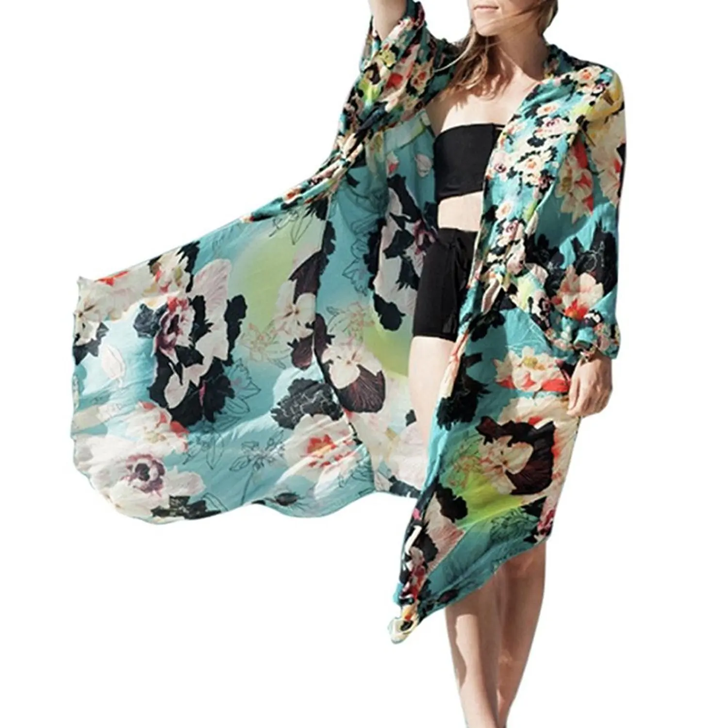 Nikuya Women Floral Bohemian Chiffon Beach Long Oversized Kimono