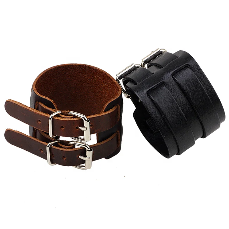 Mens Genuine Leather Wide Cuff Bracelets & Bangles With Adjustable