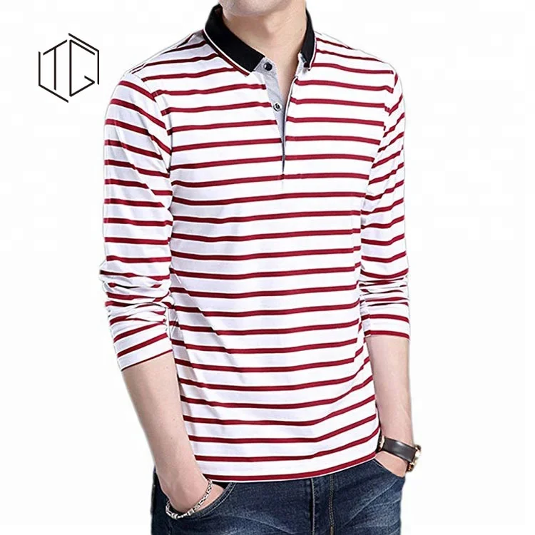 

High Quality Longsleeve Men Striped Pique Cotton Polo Shirt, Black;white;custom colors