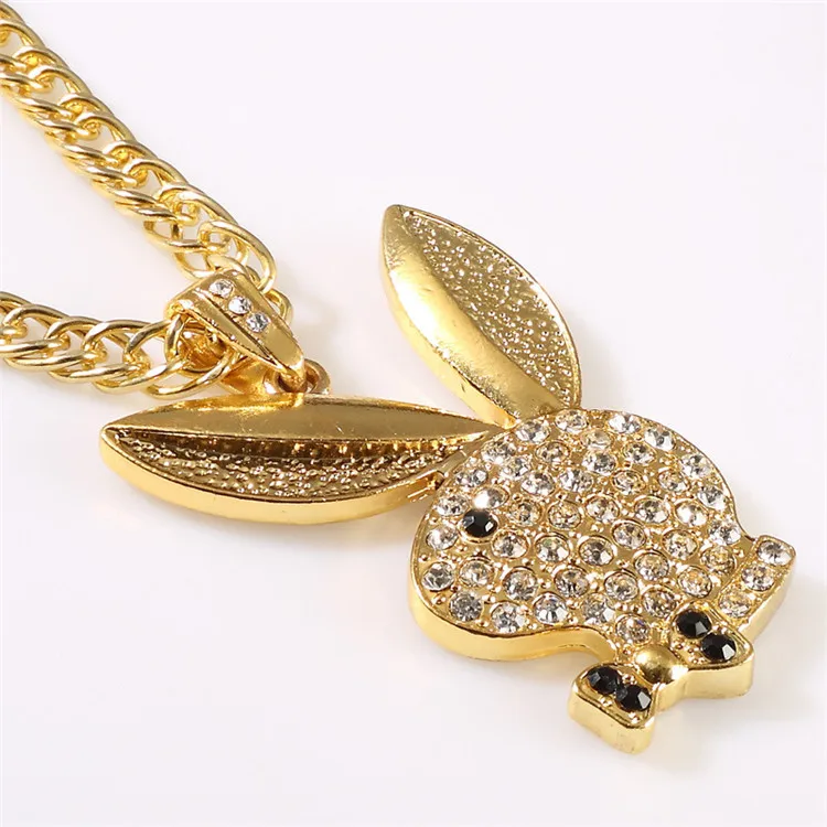 

European Fashion Men's Hips Hops Gold Plated Rabbit Necklace Iced Out Pave Crystal Rabbit Pendant Necklace