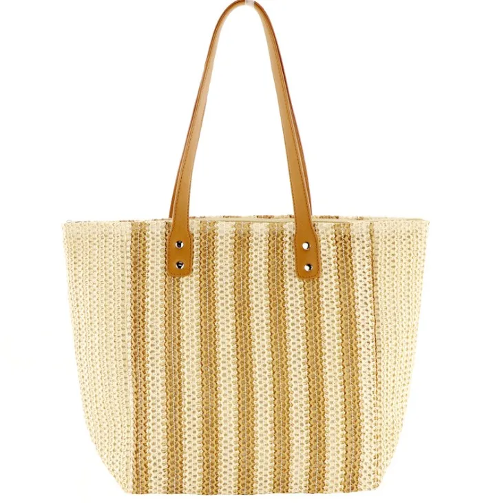 

Vietnam Rattan Handbags Large Capacity Striped Straw Bag Leisure Paper Rope Woven Beach Tote Bag, Double color