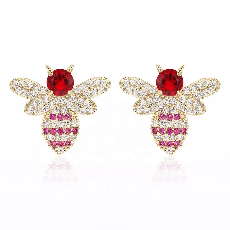 

New design bee stud earrings with zircon for cute girls, Red;yellow