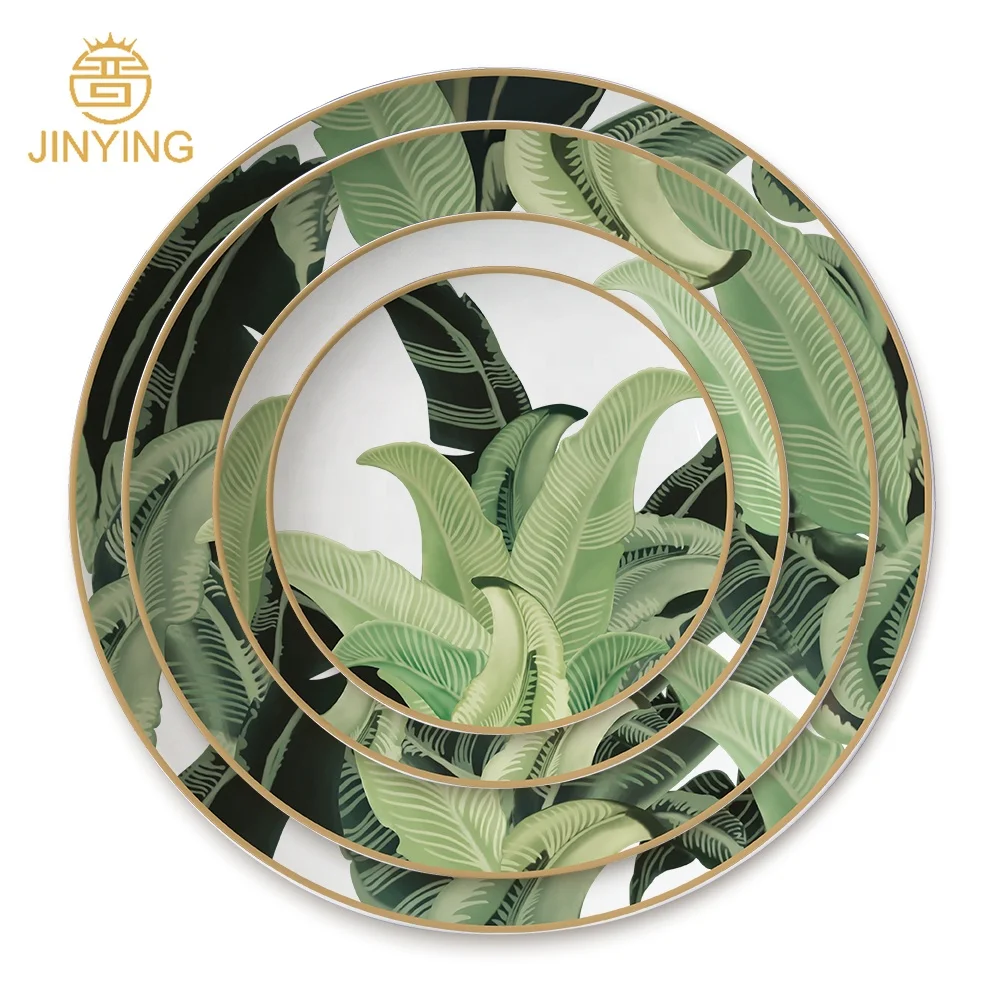 Hot selling Green Leaf dinnerware charger plates porcelain dinner set ceramic for home