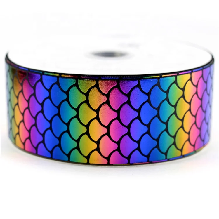 

2017 popular 3 inch 75mm rainbow foil grosgrain ribbon multicolor foil printed scale ribbon wholesale