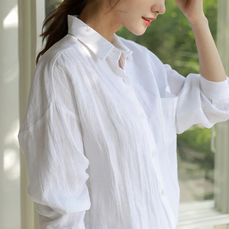 

Leisure loose long sleeve medium and long section fresh linen cotton shirt, Customized color