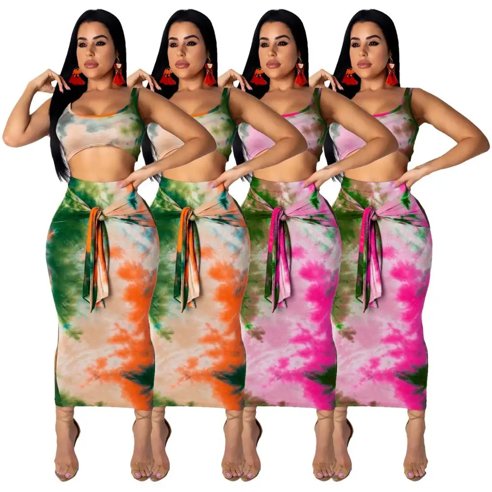 

New Women fashion sexy print tank top mid-length skirt set