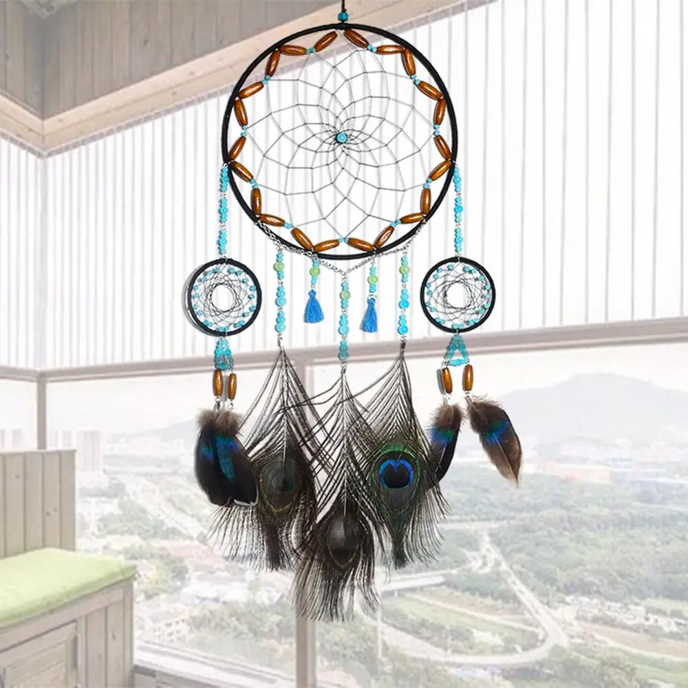 

Artilady Traditional Peacock Feather Hanging Dreamcatcher Bead Home Wall Decoration Decor Ornament Craft Native American Style