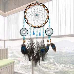 Artilady Traditional Peacock Feather Hanging Dreamcatcher Bead Home Wall Decoration Decor Ornament Craft Native American Style