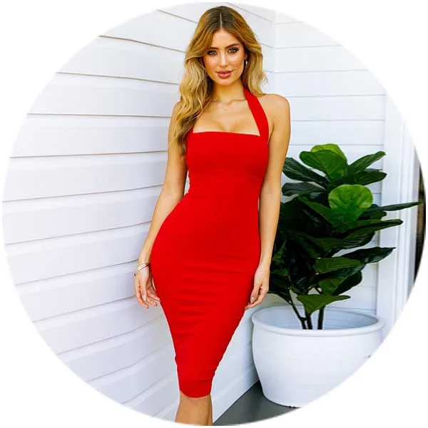 

wholesale 2018 arrivals high quality rayon 5 color women party wear halter simple sexy tight bodycon midi cocktail bandage dress, Red pink blue white black