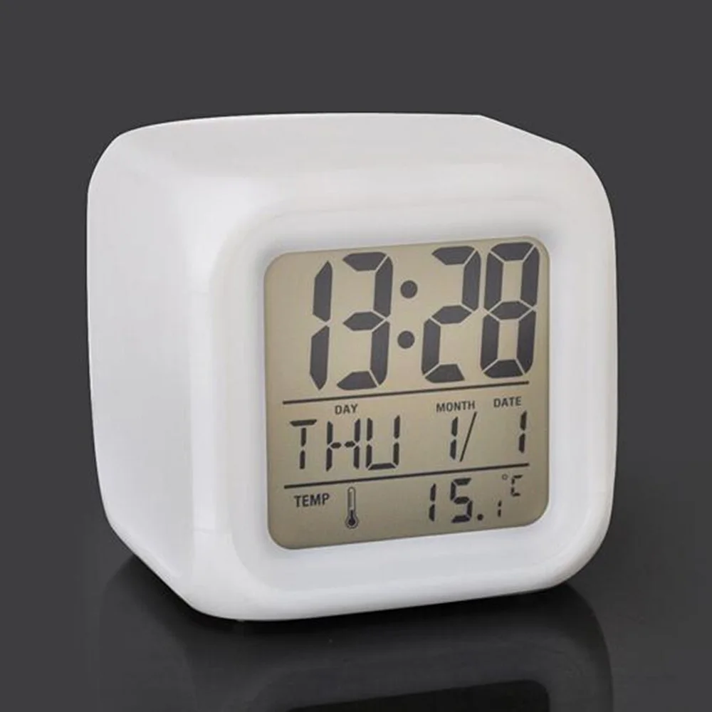 

LED Cube 7 Colors Night Change LCD Digital Glowing Date Thermometer Calendar Display Cube LCD Clock Kid Alarm Clock, White
