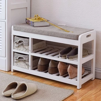 Wooden Sitting Storage Bench With Basket Drawers Seat Cushion