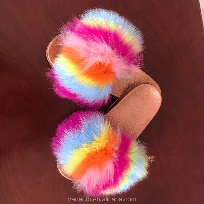 

Fashion Design Women Real Big Fox Fur Colorful Sandal Slides Soft Furry Slippers, Customized color