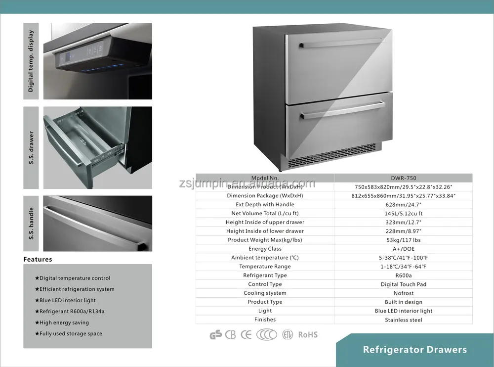 150l Electronic Control Drawer Fridge Stainless Steel Built In
