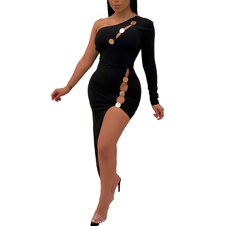 

Charming Black Long Sleeve Asymmetric Ruched Bandage Women Dress Sexy Bodycon, As shown plus size dresses maxi dress