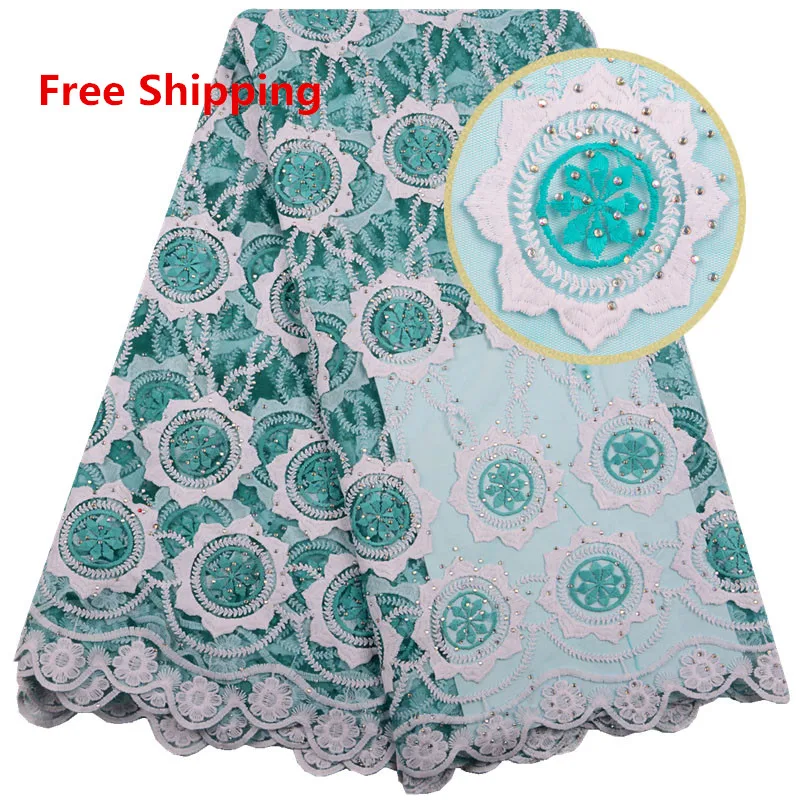 

1515 Free Shipping White And Teal French Net Milk Lace Fabric With Stones, Cupion