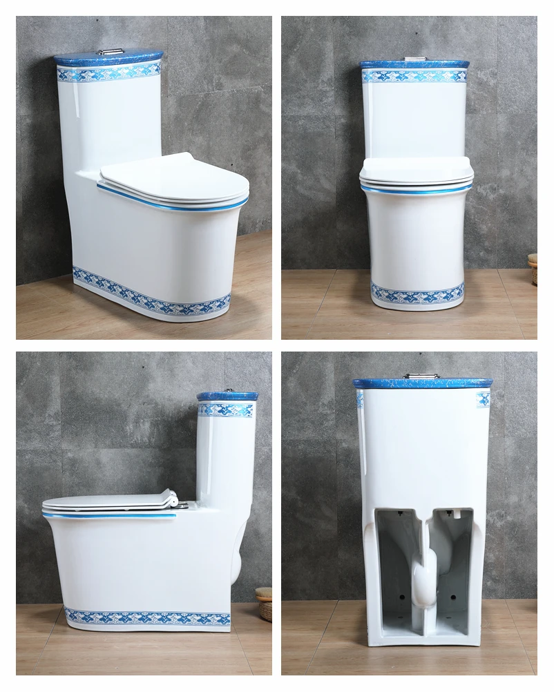 High Quality One Piece Dual Flush Floor Light Blue Ceramic Modern