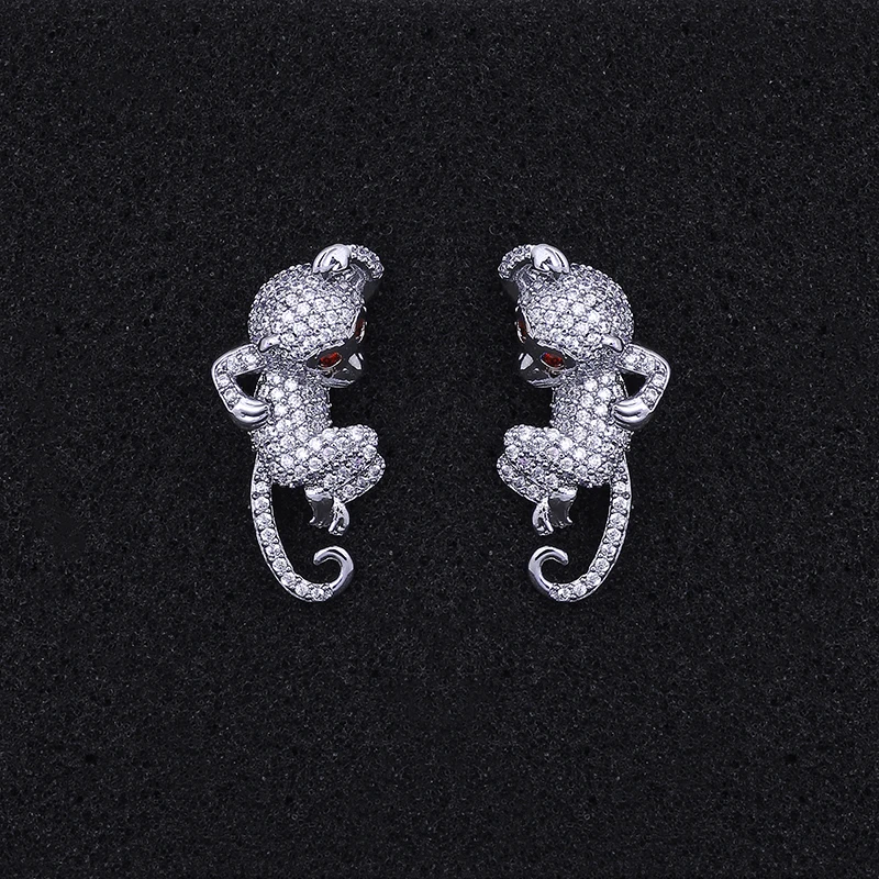 

Latest Design Fashion Cute Silver Tone Full Pave AAA Cubic Zirconia Animal Monkey Shape Stud Earrings, White