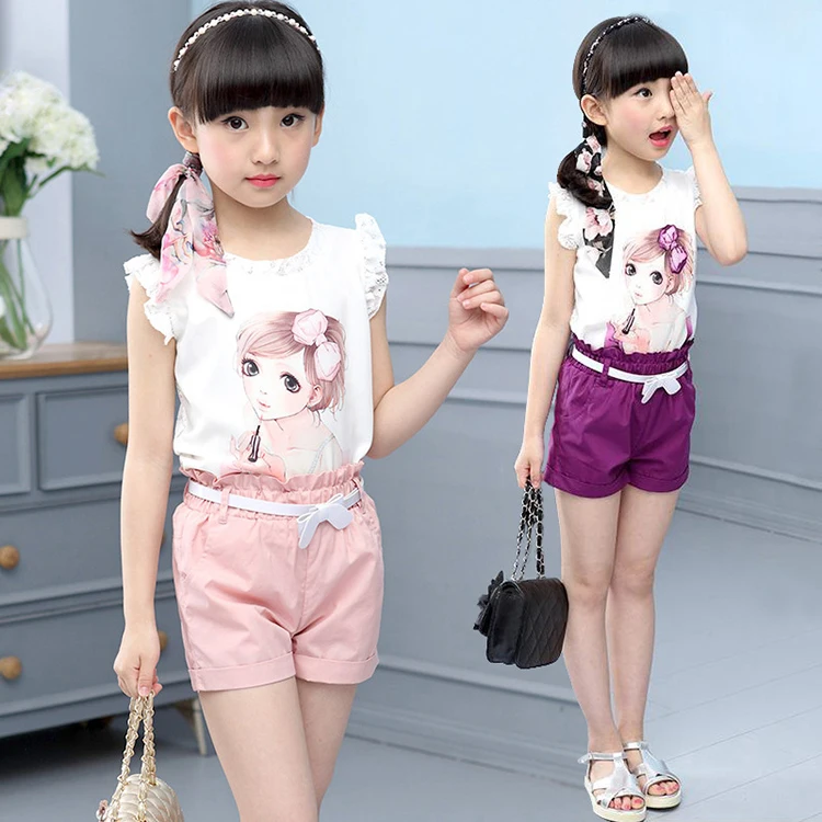 The girl is relaxed and breathable bud silk summer style wholesale kids girls summer clothing sets