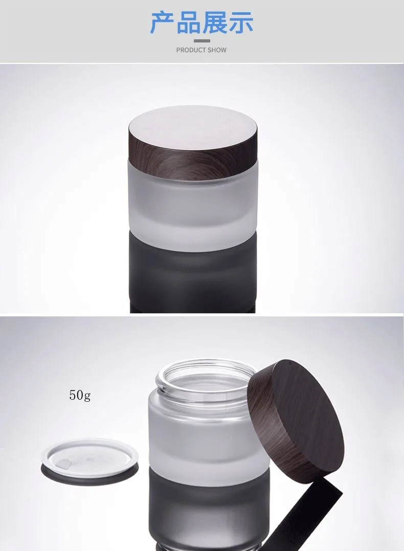 Wooden Cap Dark Wood Grain Empty Cosmetic Packaging Clear Frosted Glass Bottle And Jars With ...