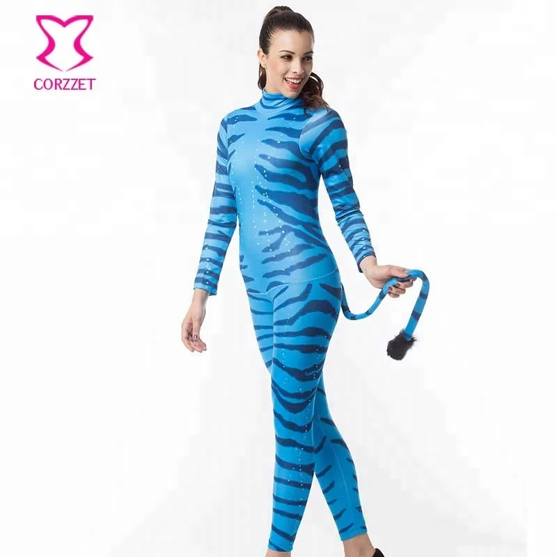 

Corzzet Blue Avatar For Adult Women Halloween Costume Zipper Catsuit with Tail Masquerade Party Performance Dance Animal Costume