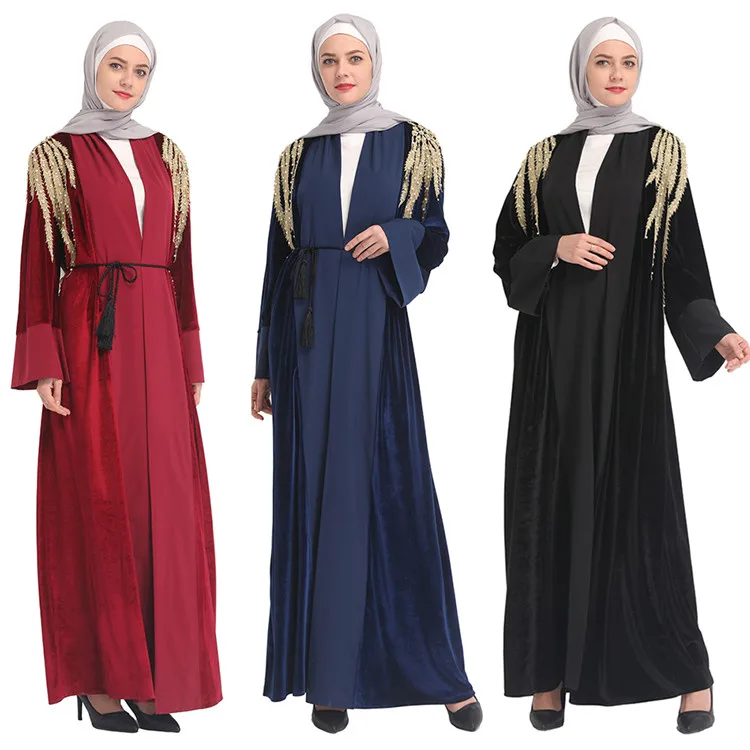 

New 2019 Islamic Dubai Fashion Thobe Thick Velvet Gold Lace Kimono Abaya, Black,wine red,wine red