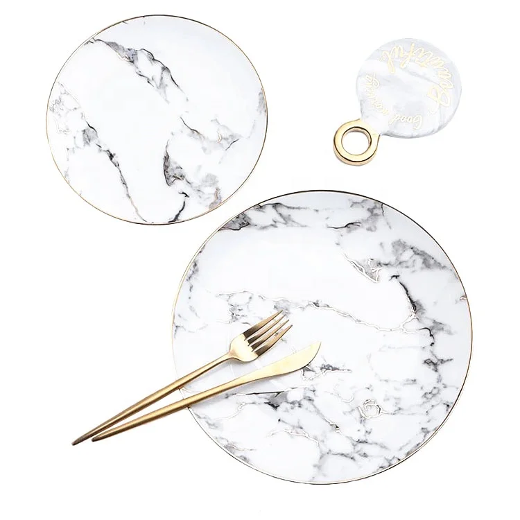 Luxury western gold rimmed plates sets dinnerware ceramic dinner plates with marble pattern