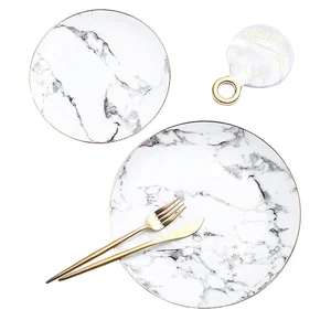 Image of Luxury western gold rimmed plates sets dinnerware ceramic dinner plates with marble pattern