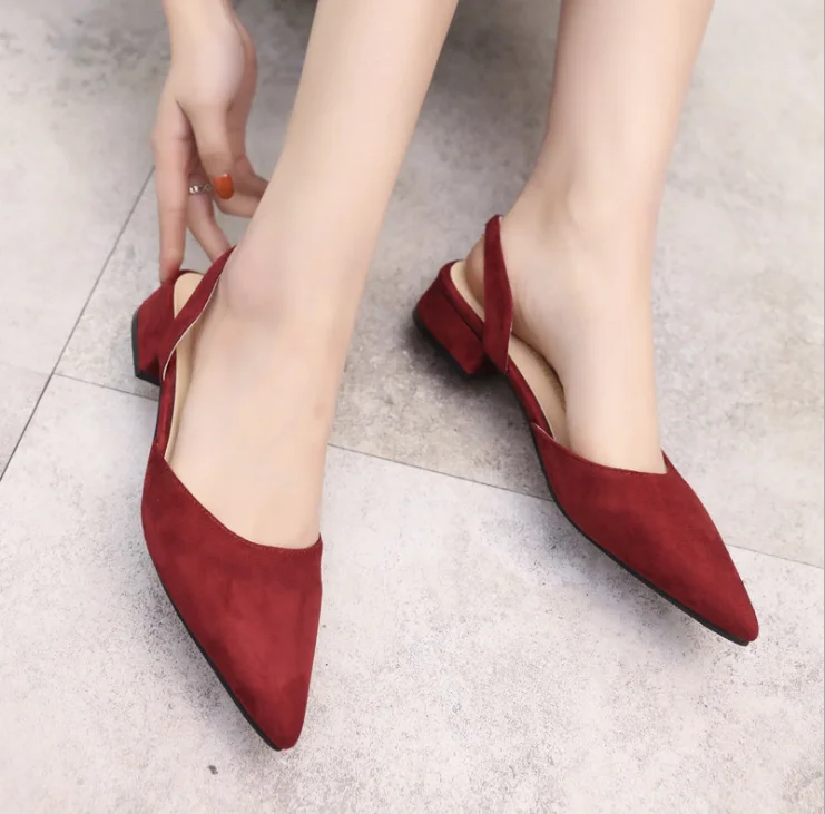 

Pointed thick suede sandals with low heels for women and ladies, Pink beige gray