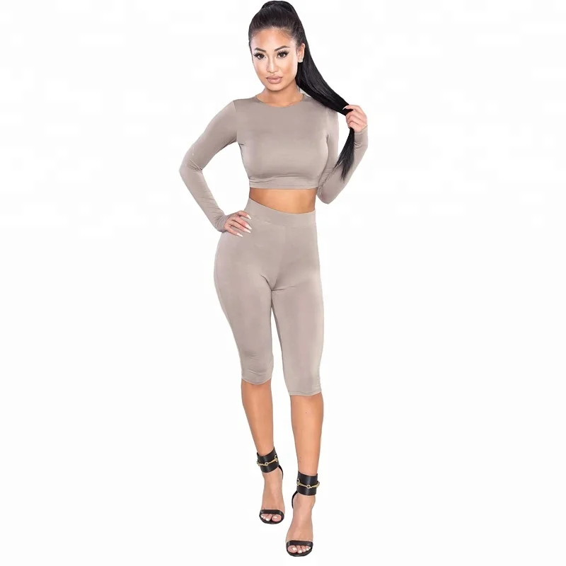 

Women Casual Skinny Tight Long Sleeve Crop Tops with Capri Pants Two Piece Outfit, Khaki/army green/black/wine red/blue/navy