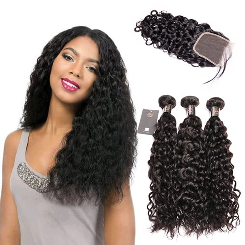 

Aliba hot products wholesale dropshipping Sunlight Human Hair unprocessed 3 Bundles Indian Water Wave Hair With Lace Closure