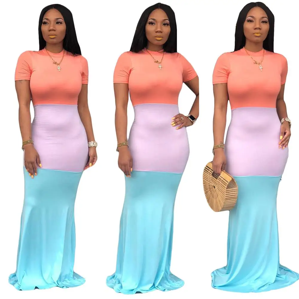 

womens patchwork multicolor short sleeve bodycon long maxi dress, N/a