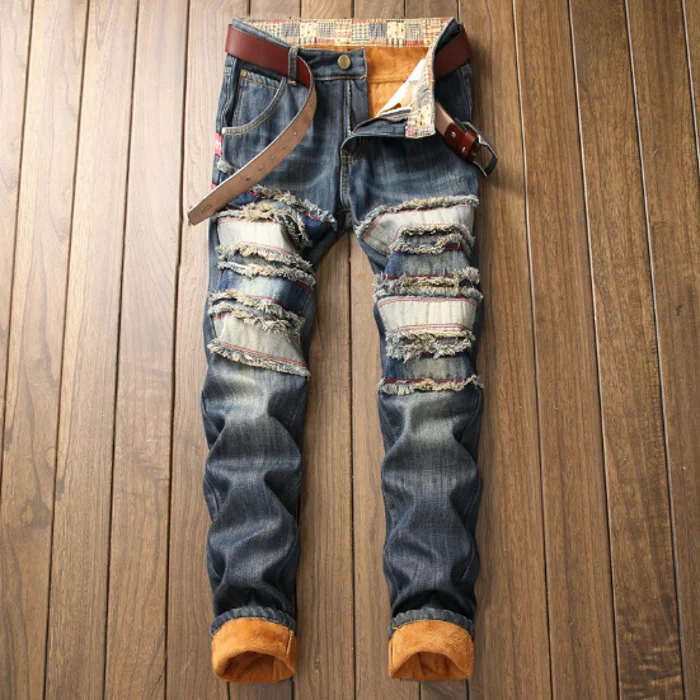 Men's Distressed Ripped Biker Jeans Men Hip Hop Slim Fit Holes Punk Denim Jean Pants Y10744