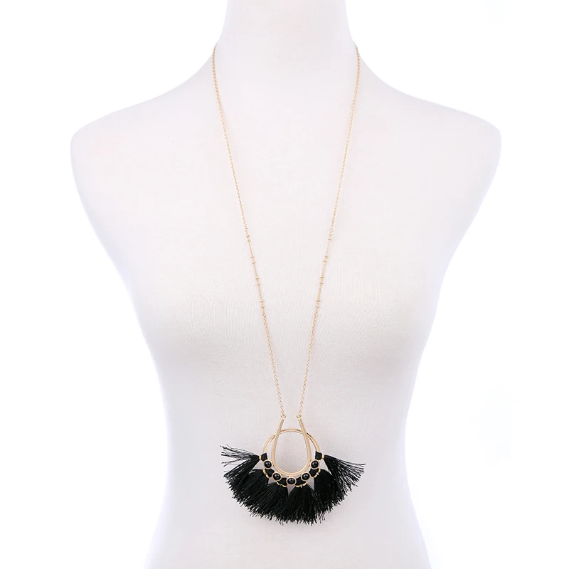 

xl01574b Boho Black Fanned Tassel Pendant Long Chain Necklace