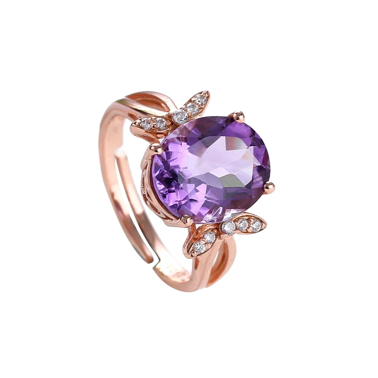 

wholesale new design engagement wedding fine ring rose gold plated 925 silver jewelry purple Amethyst natural crystal ring