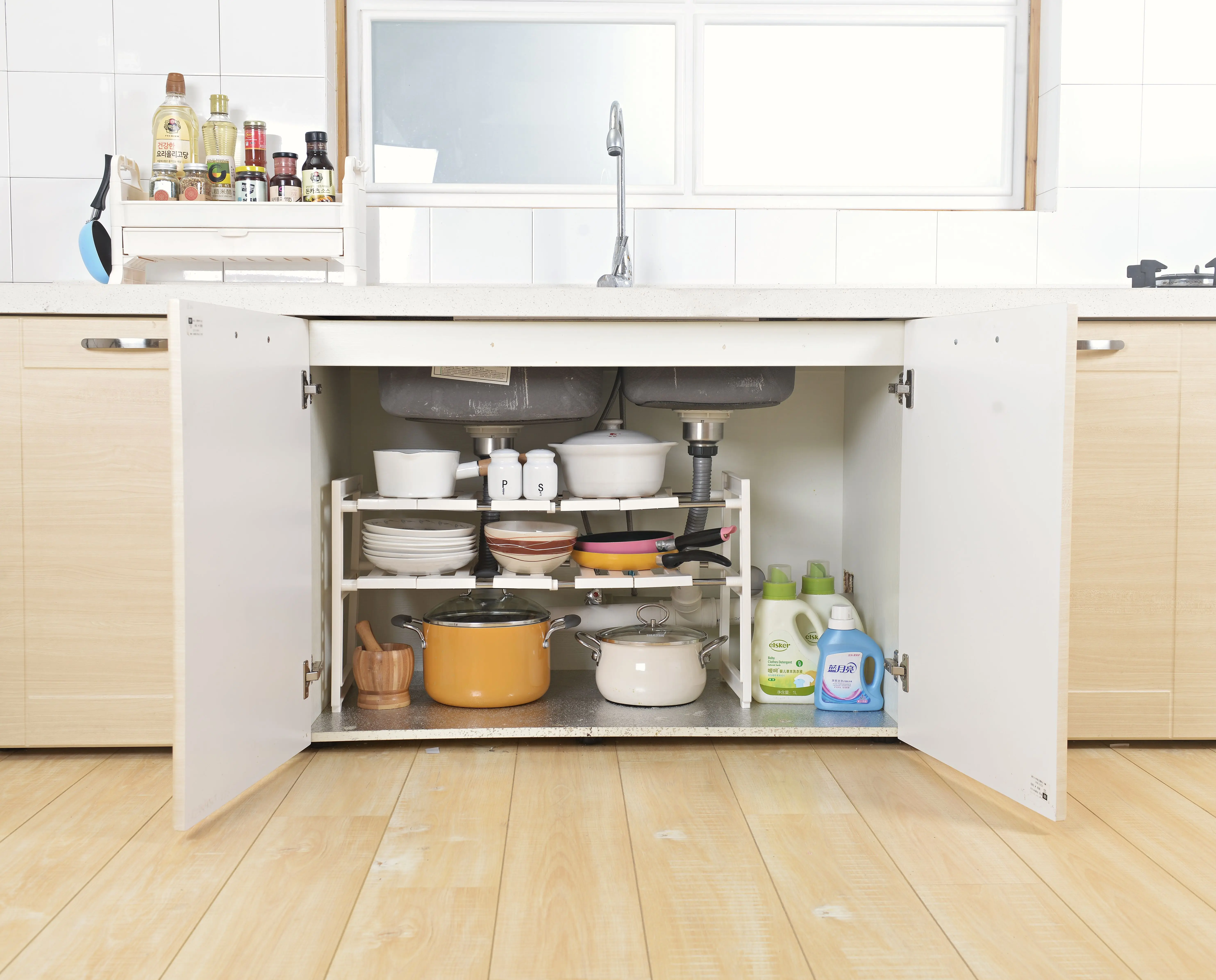 

High grade 2 tier multifunctional removable board extendable fold space saving storage shelf kitchen under sink organizer, White,coffee