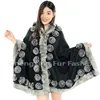 CX-B-P-40E Rosette Ladies Genuine Rex Rabbit Fur Trimmed Pashmina Shawls