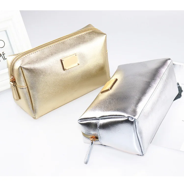 

2018 new design champagne gold and silver metallic luxury pu leather travel cosmetic bag