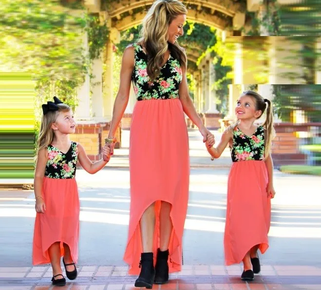 2019 New Floral Christmas Printed Family Dress Maxi Long Mommy Mother ...