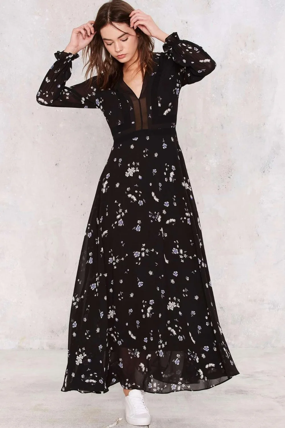 Female V Neck Black Chiffon Dress Long Sleeve Maxi Dress Printed Dress