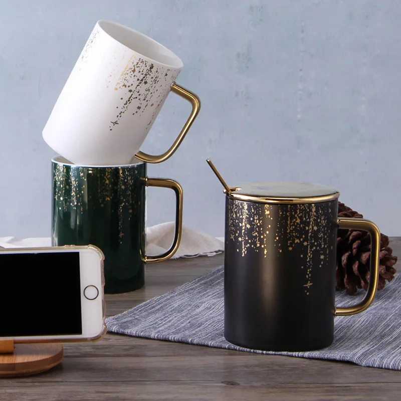 

Personalized black red color custom logo printed gold handle ceramic coffee mug with spoon