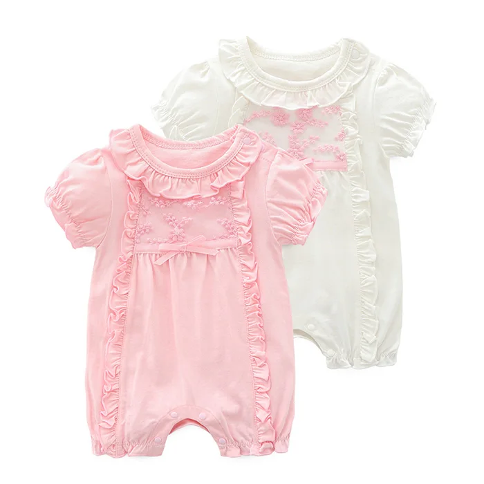 

Wholesale popular summer 100% cotton plain infant toddler baby girl clothes romper, Pink / white