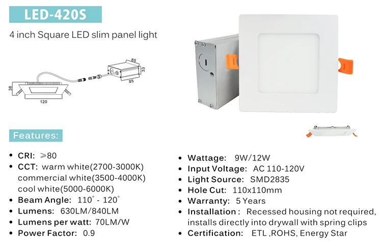 9W Square LED panel lighting ETL led slim panel light