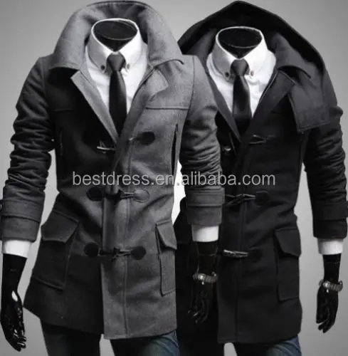 

Mens Casual Slim Detachable Hood Toggle Trench Coat Jacket Black/Grey M-XXL, As show