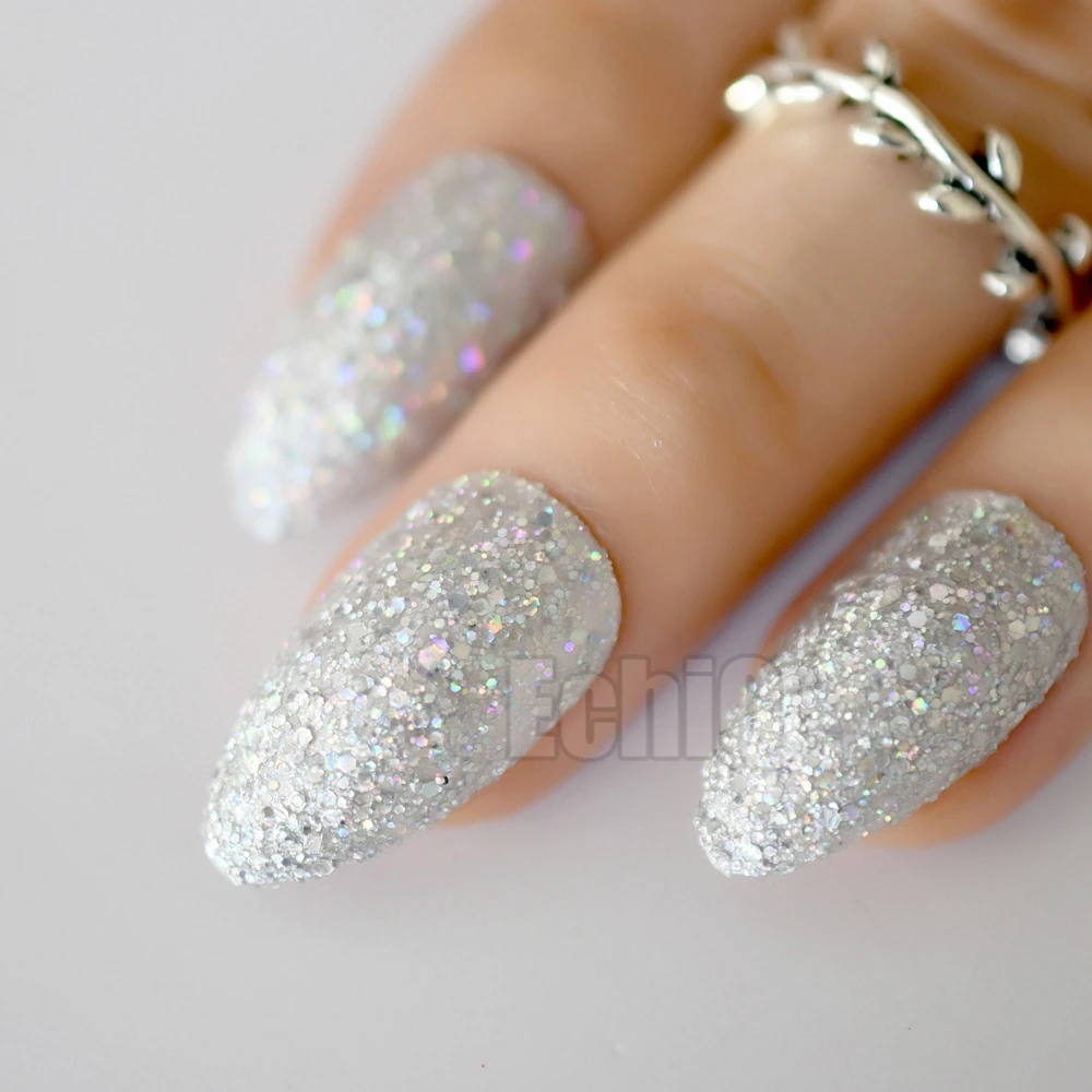 

Holographic Laser Silver Stiletto Fake Nails Almond Pointed Press on False Nails Colorful Shimmer Full Cover Wear Nail Art Tips, Holo silver