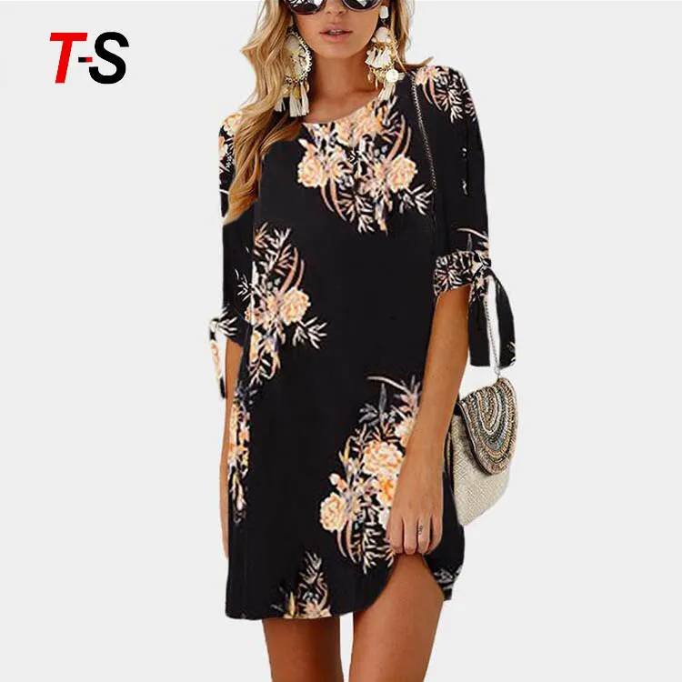 

New summer fashion short sleeve print tie round neck dress, Customized color