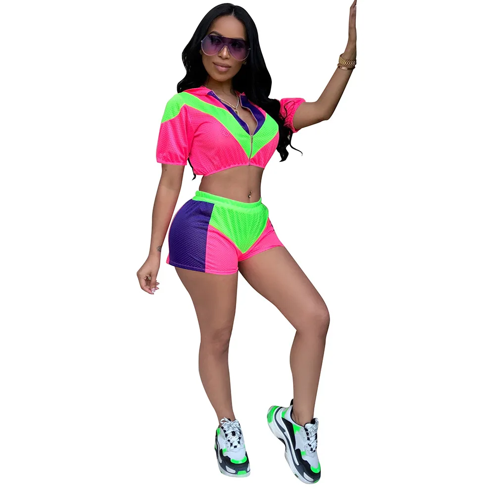 

Ready to ship CA579 fashion tropical breathable patched crop top and shorts two piece set women clothing