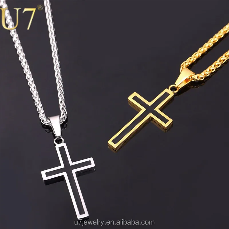 

U7 Stainless Steel Chains 18K Real Gold Plated Vintage Enamel Latin Christian crucifix Cross Men Necklace