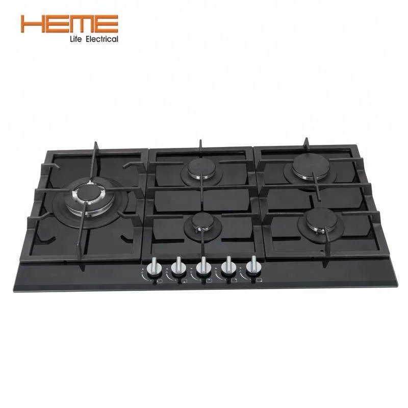 2018 Hot Selling 5 Ring Cast Iron Pan Tempered Glass Gas Hob Gas