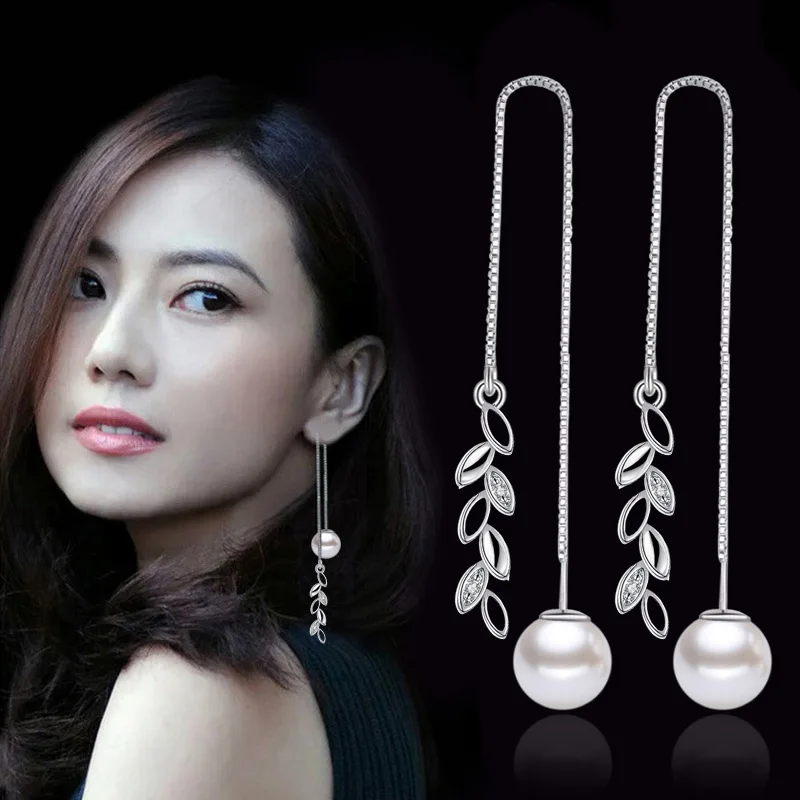 

2018 New zircon Leaves pearl long earrings, N/a