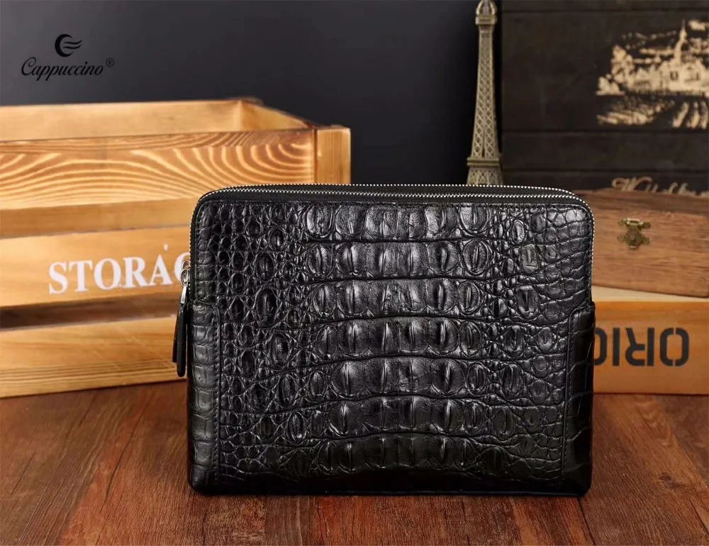 

2021 good quality real crocodile head and alligator backbone leather clutch men zipper wallet, Black,brown